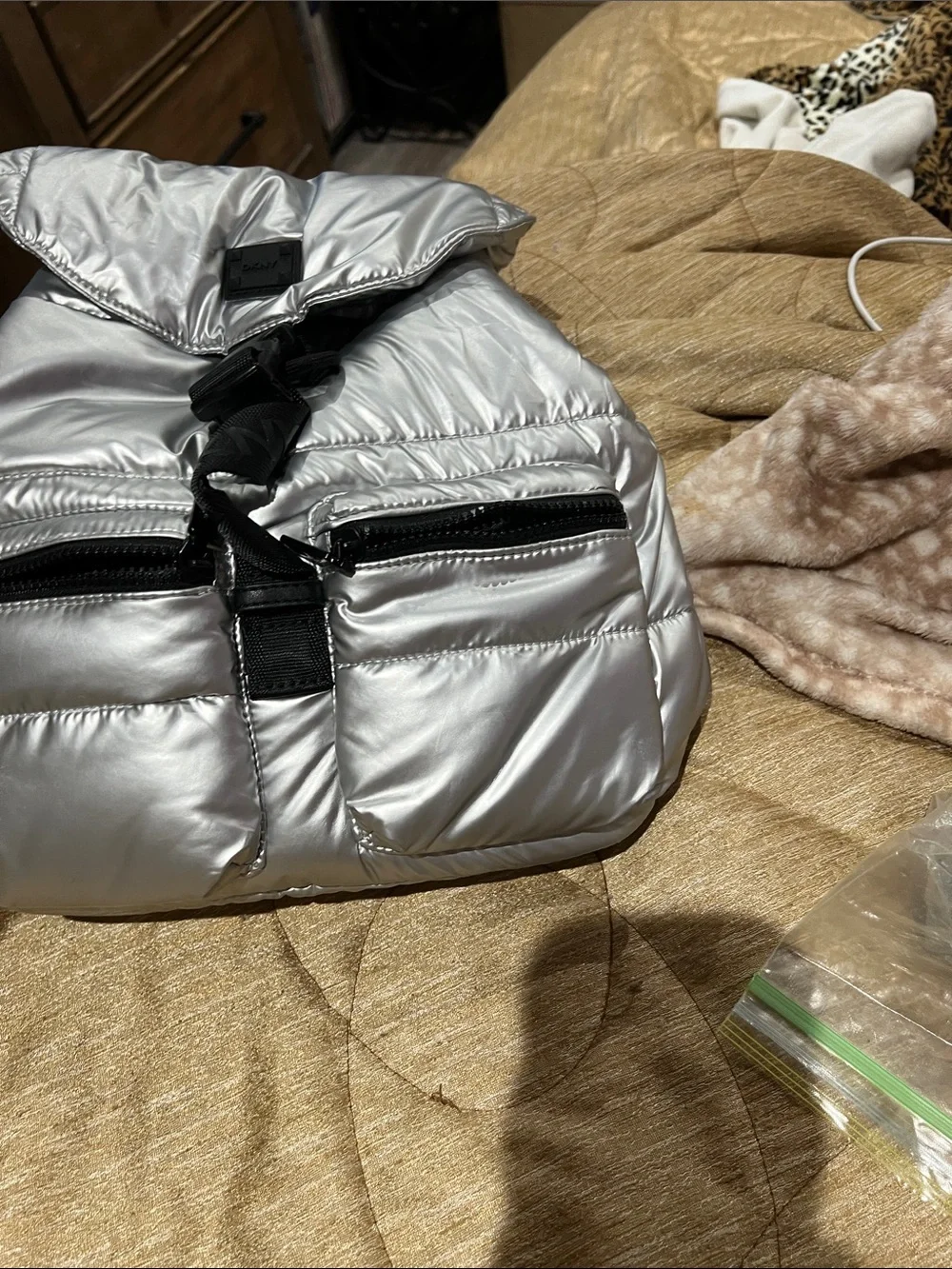DKNY Metallic Silver Puffer Backpack